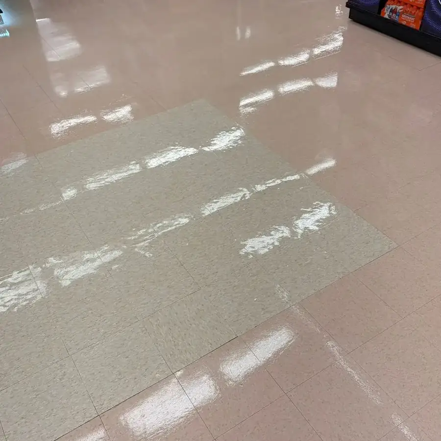 After: the same tiles stripped and waxed to a high-gloss finish
