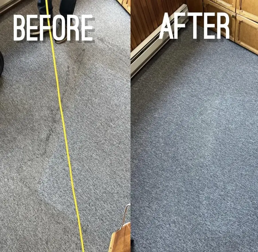 Gray commercial carpet before and after cleaning, with traffic-lane soiling removed